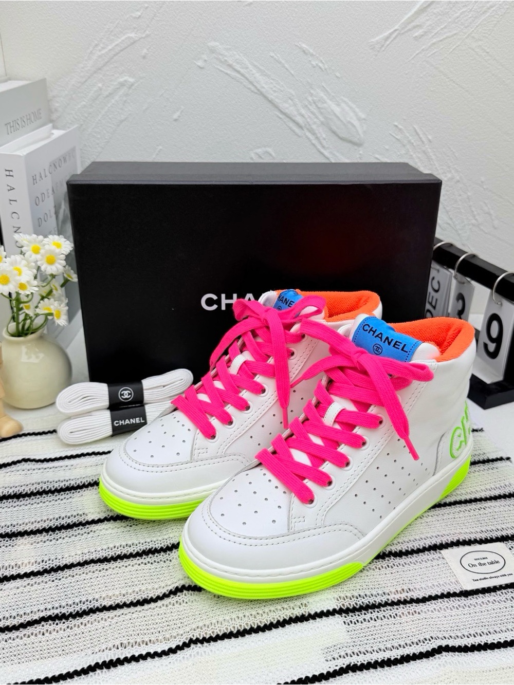 CHANEL White High-Top Sneakers with Neon Green Sole and Hot Pink Laces
